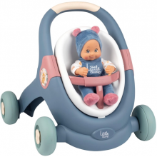 Ходунки коляска для прогулок с пупсом 3 в 1 Smoby Little 140308 с 12 месяцев Синяя