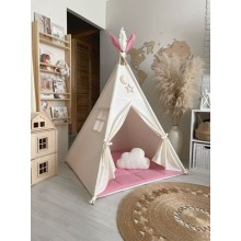 Вигвам детская игровая палатка домик с ровным ковриком и подушкой 120х120х150 см Молочный с розовым