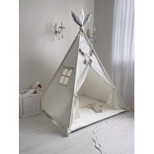 Вигвам детская игровая палатка домик с ровным ковриком и подушкой 120х120х150 см Молочно-серый